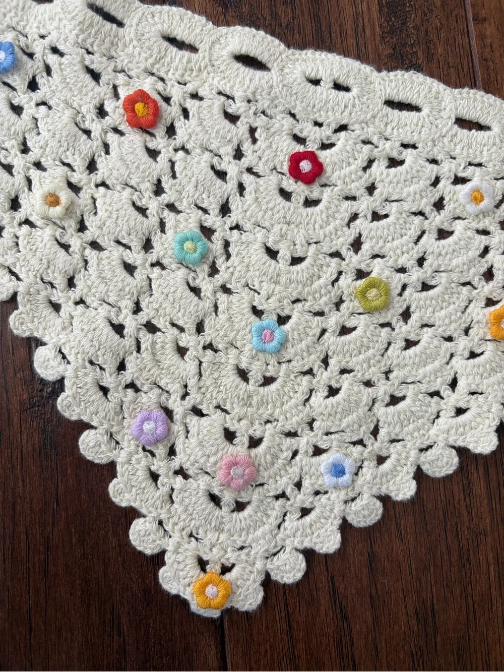 Handmade Cream Crochet Bandana with Multicolor Flower Accents